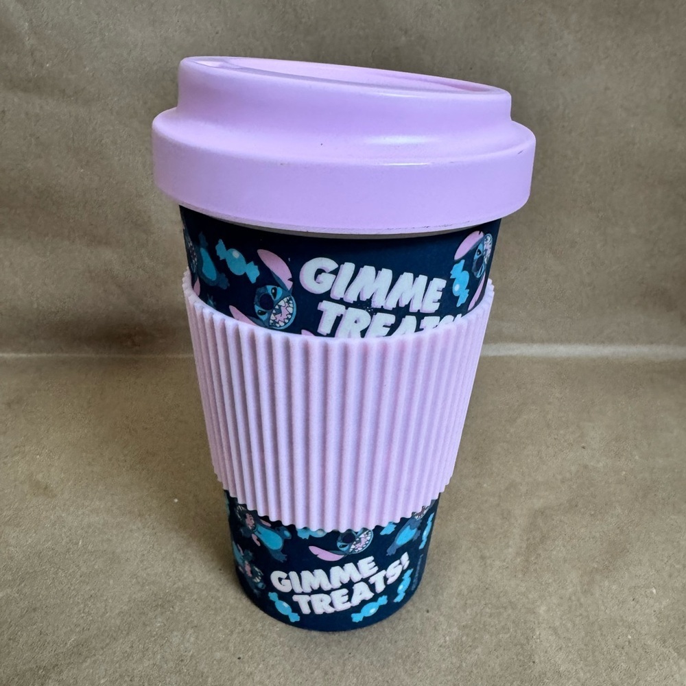 Disney Stitch Halloween “Gimme Treats” Pink and Blue Bamboo Travel Mug. 16oz